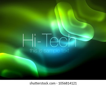 Flechas borrosas en el espacio oscuro. Pentadores de neón, diseño brillante de vidrio, fondo tecno resplandeciente abstracto, banner web, ilustración vectorial