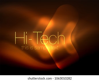 Blurred arrows in dark space. Neon pointers, glass glossy design, abstract shiny techno background, web banner, vector illustration