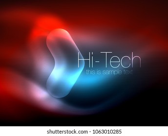 Blurred arrows in dark space. Neon pointers, glass glossy design, abstract shiny techno background, web banner, vector illustration