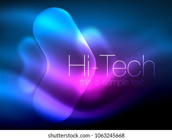 Blurred arrows in dark space. Neon pointers, glass glossy design, abstract shiny techno background, web banner, vector illustration