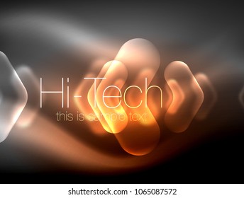 Blurred arrows in dark space. Neon pointers, glass glossy design, abstract shiny techno background, web banner, vector illustration