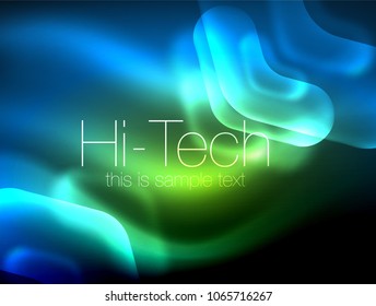 Blurred arrows in dark space. Neon pointers, glass glossy design, abstract shiny techno background, web banner, vector illustration