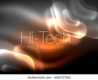 Blurred arrows in dark space. Neon pointers, glass glossy design, abstract shiny techno background, web banner, vector illustration