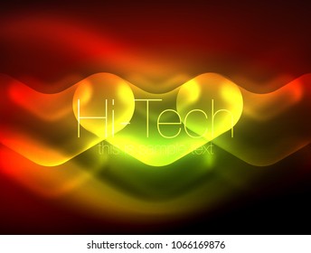 Blurred arrows in dark space. Neon pointers, glass glossy design, abstract shiny techno background, web banner, vector illustration