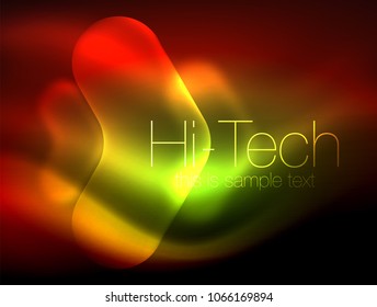 Blurred arrows in dark space. Neon pointers, glass glossy design, abstract shiny techno background, web banner, vector illustration