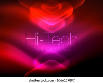 Blurred arrows in dark space. Neon pointers, glass glossy design, abstract shiny techno background, web banner, vector illustration