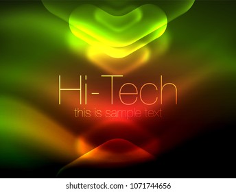Blurred arrows in dark space. Neon pointers, glass glossy design, abstract shiny techno background, web banner, vector illustration