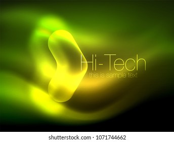 Blurred arrows in dark space. Neon pointers, glass glossy design, abstract shiny techno background, web banner, vector illustration