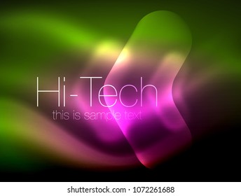 Blurred arrows in dark space. Neon pointers, glass glossy design, abstract shiny techno background, web banner, vector illustration