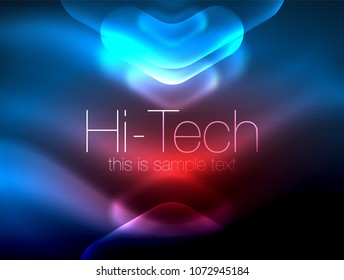 Blurred arrows in dark space. Neon pointers, glass glossy design, abstract shiny techno background, web banner, vector illustration