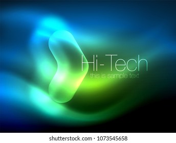 Flechas borrosas en el espacio oscuro. Pentadores de neón, diseño brillante de vidrio, fondo tecno resplandeciente abstracto, banner web, ilustración vectorial
