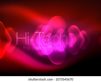 Blurred arrows in dark space. Neon pointers, glass glossy design, abstract shiny techno background, web banner, vector illustration