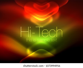 Flechas borrosas en el espacio oscuro. Pentadores de neón, diseño brillante de vidrio, fondo tecno resplandeciente abstracto, banner web, ilustración vectorial