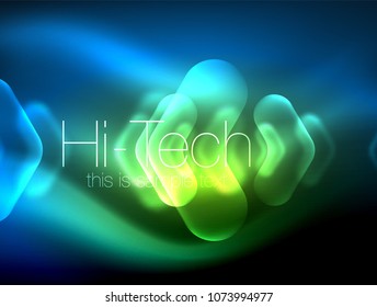 Blurred arrows in dark space. Neon pointers, glass glossy design, abstract shiny techno background, web banner, vector illustration