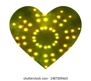 Blurred background in the form of a heart with golden luminous dots. Neon style of 90th, 80th. Soft color concept. Orange modern abstract cover for your graphic design or creative projects.