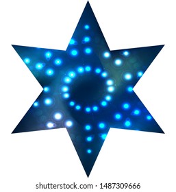 Blurred background in the form of hexagram with luminous dots. Judaic sacred religious symbol. Trendy soft color element. Blue modern abstract cover for your graphic design or creative projects.