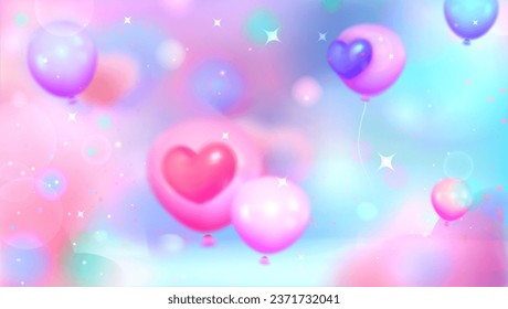 Blurred background with glitter sparkles and balloons with hearts. Pink abstract defocused banner with bokeh effect and glow. Horizontal blurry pastel layout with bright flashes and dots of light.