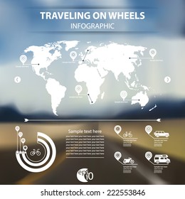 blurred background of the highway in the desert with info graphics road trip on the cycling