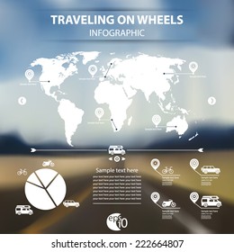 blurred background of the highway in the desert with info graphics road trip in a mobile home