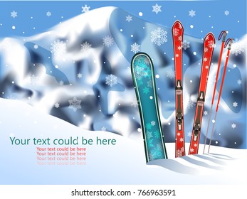 blurred background of mountain winter ski sport, text, snowflake