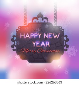 Blurred Background on Hanging Christmas Signboard Badge, Banners, Sticker, Card Vector Design 