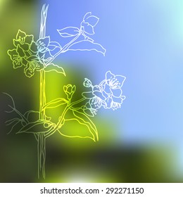 Blurred background with a pattern of jasmine. Space for text on the right.