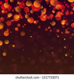 Blurred background with red bokeh lights. Romantic glitter lights backdrop use for night party banners decoration. Abstract defocused wallpaper vector illustration. Festive luminous design