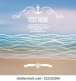 blurred background with sea landscape and hand drawn sketch white waves