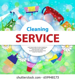 Blurred background with soap bubbles. Spring cleaning service concept. Tools for cleanliness and disinfection. Vector illustration.