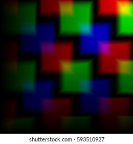 Blurred Background of the squares on the neon background. Neon overlapping squares on a black background.