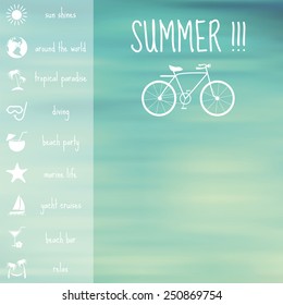 Blurred background with summer icons. Vector illustration, EPS 10.
