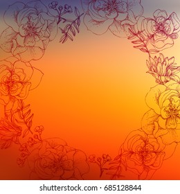 Blurred background, warm colors. The flowers are drawn in ink with a contour. Free center for your text. Vector graphics.