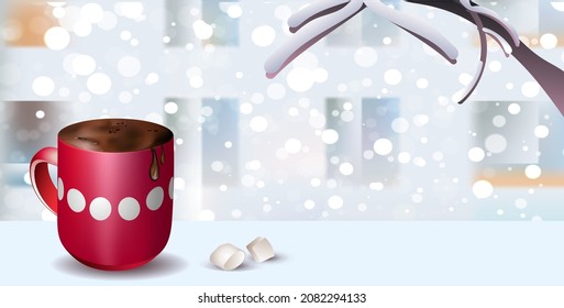 Blurred background with windows and a red cup. Lots of snow and mood

