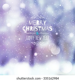 blurred background of winter landscape with bench and snow, merry christmas and happy new year