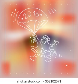 Blurred background. Winter. Santa Claus on a parachute. Drawing on glass.