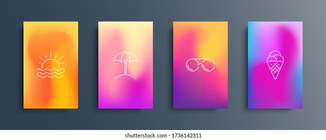 Unscharfe Hintergründe mit modernen abstrakten, verschwommenen Farbverlaufsmustern und Sommerzeilenbildern. Sommersammlung für Broschüren, Plakate, Banner, Flyer und Karten. Vector-Abbildung.