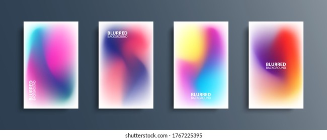 Blurred backgrounds set with modern abstract blurred color gradient patterns on white. Smooth templates collection for brochures, posters, banners, flyers and cards. Vector illustration.