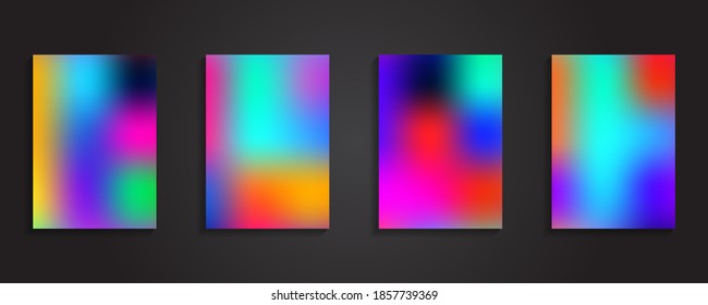 Blurred backgrounds set with modern abstract bright color gradient patterns. Smooth templates collection for brochures, posters, banners, flyers and cards. Vector illustration