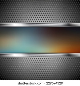 unscharfer Banner und perforierte Metallstruktur. Vektorhintergrund