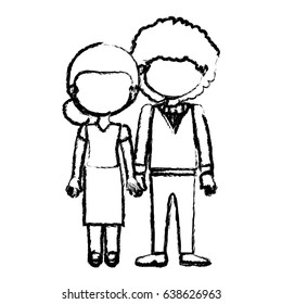 blurred black contour faceless couple woman with collected hair and curly man with bowtie and taken hands vector illustration