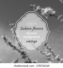 Blurred black and white background with cherry blossoms or sakura flowers with frame for text and icon of the Japanese home