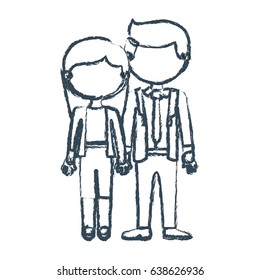 blurred blue contour faceless couple woman with long hair with man in formal style and taken hands vector illustration