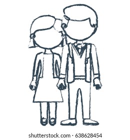 blurred blue contour faceless couple woman with short hair in dress and man in formal suit with taken hands vector illustration