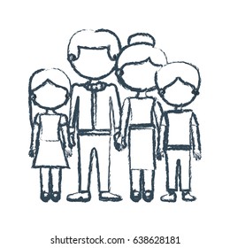 blurred blue contour faceless family group in formal suit and taken hands