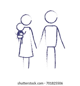 blurred blue contour of pictogram parents with a little girl carrying vector illustration