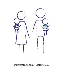blurred blue contour of pictogram parents with a baby boy and girl carrying vector illustration