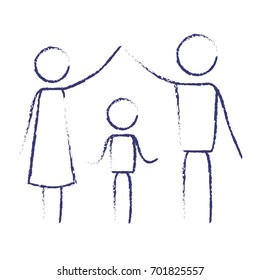 blurred blue contour of pictogram parents holding hands up and boy in the middle of them vector illustration