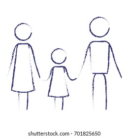 blurred blue contour of pictogram parents with a girl holding hands vector illustration