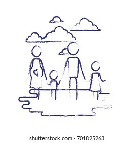 blurred blue contour of sky landscape and grass with pictogram woman pregnancy and man holding hands of children vector illustration
