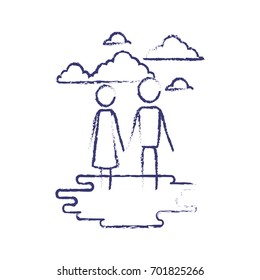 blurred blue contour of sky landscape and grass with pictogram couple holding hands vector illustration